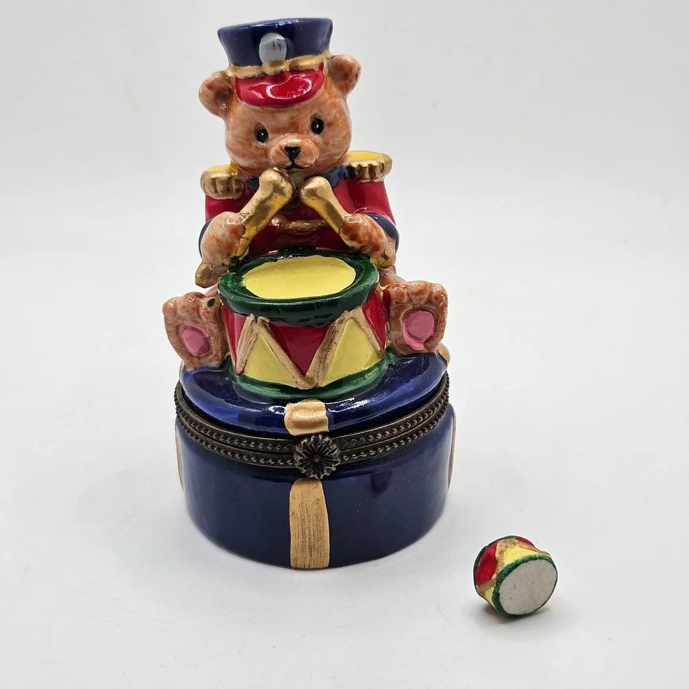 VTG Teddy Bear Drummer Hinged Trinket Box Ceramic Toy Soldier Mini Drum